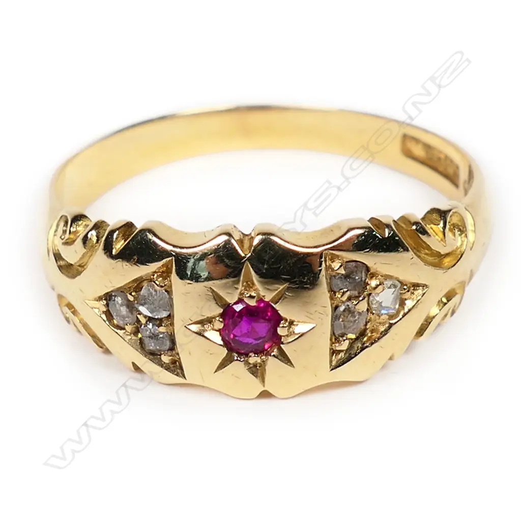 Beaver & Co (Dunedin) 18ct gold ruby and diamond ring, Image 1++
